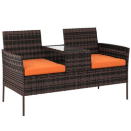 Outsunny Rattan Garden Bench W/ Glass Tea Table, Wicker Chair W/ Cushions - thumbnail 2