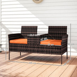 Outsunny Rattan Garden Bench W/ Glass Tea Table, Wicker Chair W/ Cushions - thumbnail 3