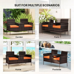 Outsunny Rattan Garden Bench W/ Glass Tea Table, Wicker Chair W/ Cushions - thumbnail 6