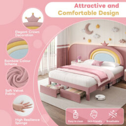 Btm 4Ft6 Double Upholstered Bed With Rainbow Headboard Velvet Frame Storage Drawer Crown Design Pink No Mattress - thumbnail 5