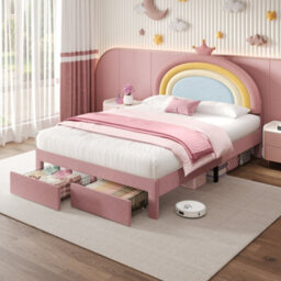 Btm 4Ft6 Double Upholstered Bed With Rainbow Headboard Velvet Frame Storage Drawer Crown Design Pink No Mattress