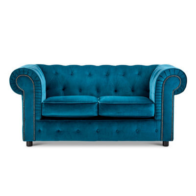 Furnishings For Less UK Ashbourne Chesterfield Large Indigo Blue Velvet Fabric 2 Seater Sofa Studded Design - image 1