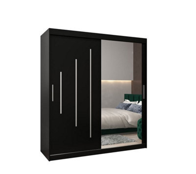 Arte Stylish Black York Ii Sliding Door Wardrobe W1800mm H2000mm D620mm - Mirrored Storage With Silver Handles - image 1