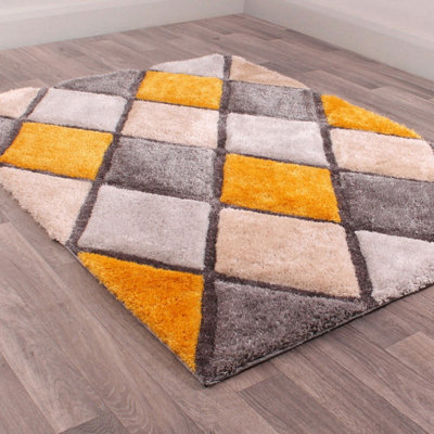 Diamond Ochre Shaggy Geometric Optical Modern Sparkle Rug For Living Room And Bedroom-120Cm X 170Cm - image 1