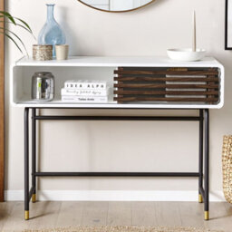 Wyld And Coco Console Table White Finish 104 X 40 Cm With Rustic Slatted Sliding Door And Black Metal Legs - thumbnail 2