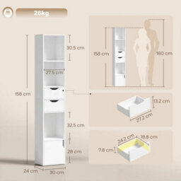 Bookcase With Drawers 3-Tier Bookshelf Adjustable Shelf 158 Cm White - thumbnail 2