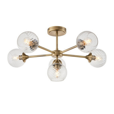 Luminosa Allegra 6 Light Multi Arm Glass Shade Semi Flush Ceiling Lamp Antique Brass - image 1