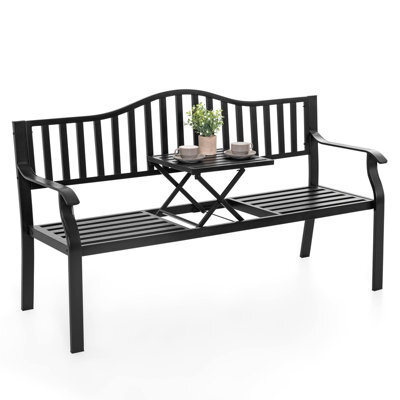 Avestar Outdoor Garden Bench With E-Coated Metal Frame, Patio Bench With A Built-In Small Table For Garden, Balcony, Black - image 1