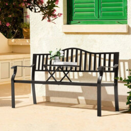 Avestar Outdoor Garden Bench With E-Coated Metal Frame, Patio Bench With A Built-In Small Table For Garden, Balcony, Black - thumbnail 8