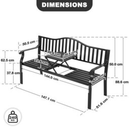 Avestar Outdoor Garden Bench With E-Coated Metal Frame, Patio Bench With A Built-In Small Table For Garden, Balcony, Black - thumbnail 3