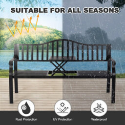Avestar Outdoor Garden Bench With E-Coated Metal Frame, Patio Bench With A Built-In Small Table For Garden, Balcony, Black - thumbnail 4