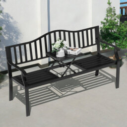 Avestar Outdoor Garden Bench With E-Coated Metal Frame, Patio Bench With A Built-In Small Table For Garden, Balcony, Black - thumbnail 2