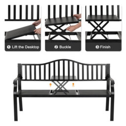 Avestar Outdoor Garden Bench With E-Coated Metal Frame, Patio Bench With A Built-In Small Table For Garden, Balcony, Black - thumbnail 5