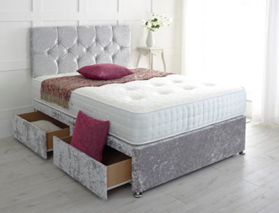Adore Designs Diamond Cut Crushed Velvet Divan Bed, With Pocket Mattress - 4Ft6 Double - Silver - 0 Drawers - image 1