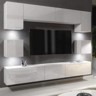 Panorama Wall Tv Unit White With High Gloss Doors And Led Lighting - Creative Furniture - image 1