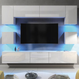 Panorama Wall Tv Unit White With High Gloss Doors And Led Lighting - Creative Furniture - thumbnail 6
