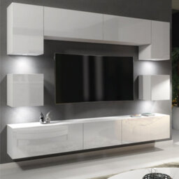 Panorama Wall Tv Unit White With High Gloss Doors And Led Lighting - Creative Furniture