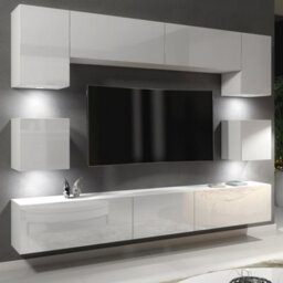 Panorama Wall Tv Unit White With High Gloss Doors And Led Lighting - Creative Furniture - thumbnail 3