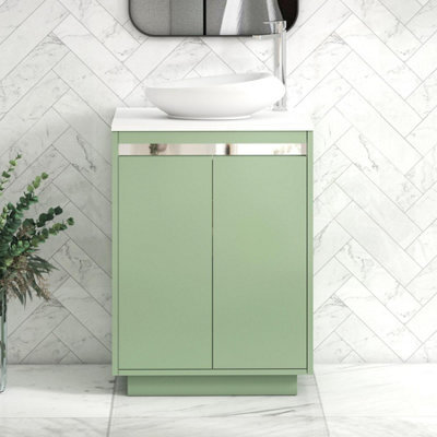 Royal Bathrooms Orion 600mm Mint Sage Floor Standing Plain White Countertop Vanity Unit 2 Door With Nova Basin & Chrome Accent Trim - image 1