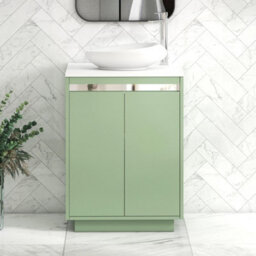Royal Bathrooms Orion 600mm Mint Sage Floor Standing Plain White Countertop Vanity Unit 2 Door With Nova Basin & Chrome Accent Trim - thumbnail 1