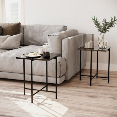 Urbn-Living Urbnliving 45Cm Height 2 Pcs Black Marble Effect Tops Square Side End Coffee Table Metal Frame - image 1