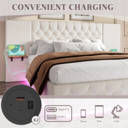 Abrihome Modern 135X190Cm Bed Frame With Led Headboard & Hydraulic Storage - Beige Upholstered Bed With Usb-C Ports, Wide Headboard - thumbnail 7