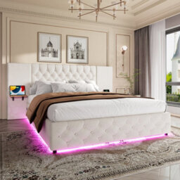 Abrihome Modern 135X190Cm Bed Frame With Led Headboard & Hydraulic Storage - Beige Upholstered Bed With Usb-C Ports, Wide Headboard - thumbnail 2