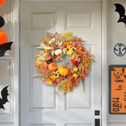 Thehotsale 50Cm Dia Wreath Halloween Artificial Pumpkin Maple Leaves Wreath - thumbnail 2