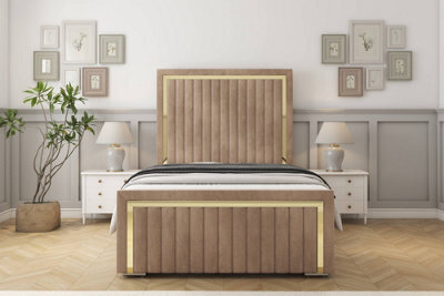 "Sloomy Boston Gold Mink Naples Bed Frame With 50"" Upholstered Headboard 4'6 Double" - image 1