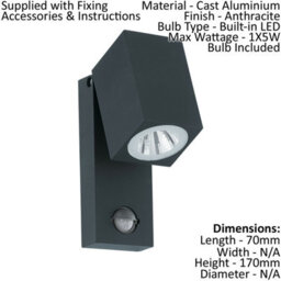 2 Pack Ip44 Outdoor Wall Lights With Pir Sensor - Modern Anthracite Aluminium 5W Led - thumbnail 2