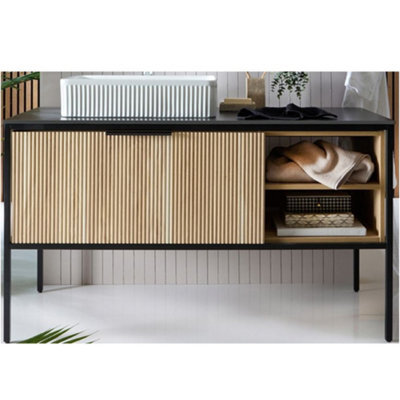 Homestylestore Black And Light Oak 1200mm Bathroom Fluted Vanity Unit And 500 X 340mm Rectangular Countertop Basin - image 1