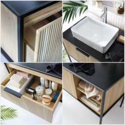 Homestylestore Black And Light Oak 1200mm Bathroom Fluted Vanity Unit And 500 X 340mm Rectangular Countertop Basin - thumbnail 4