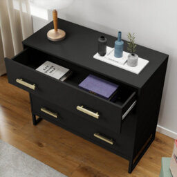 Melody Maison Large 3 Drawer Chest Of Drawers & Pair Of 3 Drawer Bedside Tables - Luna Black Range - thumbnail 4