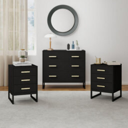 Melody Maison Large 3 Drawer Chest Of Drawers & Pair Of 3 Drawer Bedside Tables - Luna Black Range - thumbnail 1