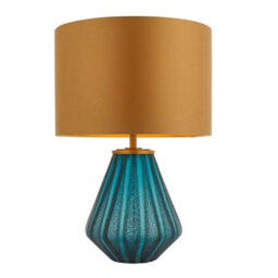 Turqoise Glass Base Table Lamp Light & Gold Fabric Shade - Black Textured Detail