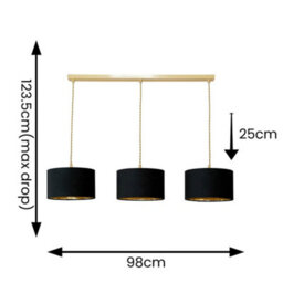 Valuelights Reni Black & Gold Drum Shade 3 Drop Bar Brushed Gold Diner Ceiling Pendant Light - thumbnail 8