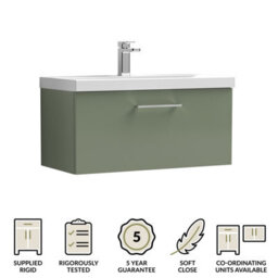 Balterley Wall Hung 1 Drawer Vanity Unit With Mid-Edge Ceramic Basin, 800mm - Satin Green - thumbnail 6