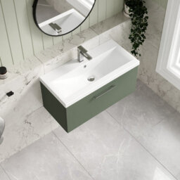 Balterley Wall Hung 1 Drawer Vanity Unit With Mid-Edge Ceramic Basin, 800mm - Satin Green - thumbnail 3