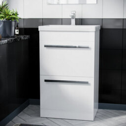 Nes Home 500mm Gloss White 2 Drawer Basin Vanity Cabinet Floor Standing Ceramic Sink - thumbnail 2