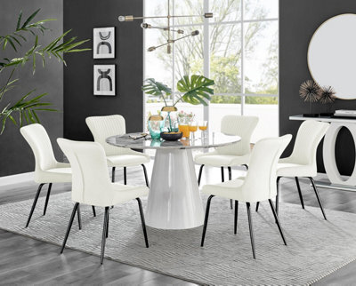 Furniturebox Uk Palma White Marble Effect Round Dining Table & 6 Cream Nora Black Leg Chairs - image 1