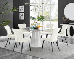 Furniturebox Uk Palma White Marble Effect Round Dining Table & 6 Cream Nora Black Leg Chairs