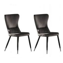 Life Interiors Set Of 2 Grey New York Modern Velvet Dining Chairs With High Back, Black Metal Legs, And Silver Tips