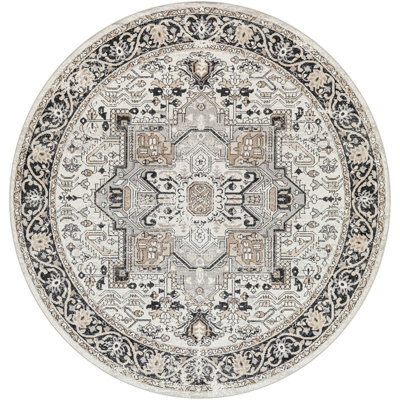 Livabliss Round Lavadora-Washable Black Beige Grey Traditional Vintage Boho Living Dining Rug 200 X 200 Cm Easy Care, Non Shedding - image 1