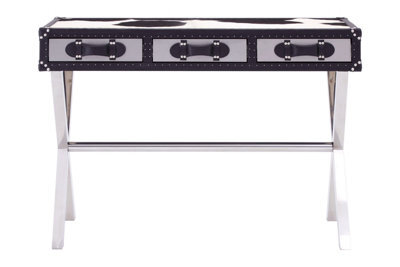 Orsina Black & White Genuine Cowhide Console Table,3 Drawer Table With Crossed Legs,table With Leather Handles - image 1