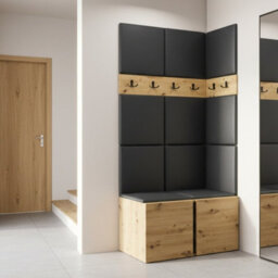 Orion I Hallway Set Artisan Oak Shoe Cabinet Hangers Black Eco Leather Panels