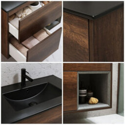 Homestylestore Dark Oak 612mm Wall Hung Bathroom Vanity Unit Open Shelf And Graphite Basin - thumbnail 2