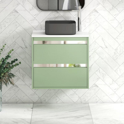 Royal Bathrooms Orion 600mm Mint Sage Wall Hung Plain White Countertop Vanity Unit 2 Drawer With Art Square Basin & Chrome Accent Trim - image 1