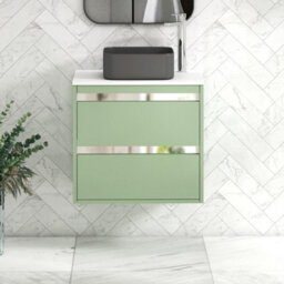 Royal Bathrooms Orion 600mm Mint Sage Wall Hung Plain White Countertop Vanity Unit 2 Drawer With Art Square Basin & Chrome Accent Trim