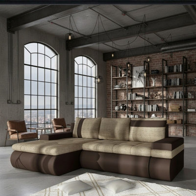Oslo Mini Living Room Corner Sofa Bed With Storage Hr Foam Wave Springs Wooden Frame 245X182X90Cm Beige And Brown Left - image 1