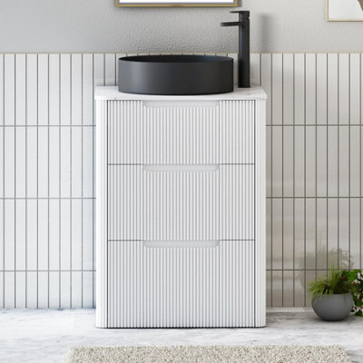 Royal Bathrooms Avenza 600mm Matt White Floor Standing Countertop Bathroom Vanity Unit 3 Drawer With Art Round Black Basin - image 1